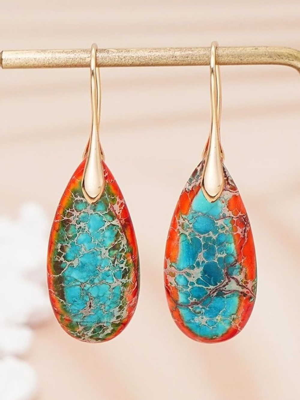 Gold Drop Earrings with Turquoise and Orange Marbled Stone